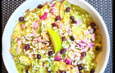 Green chilaquiles with vegan cotija cheese